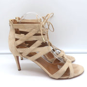 Aquazzura Beverly Hills Lace-Up Sandals Nude Suede Size 39 Open Toe Heels