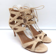 Aquazzura Beverly Hills Lace-Up Sandals Nude Suede Size 39 Open Toe Heels