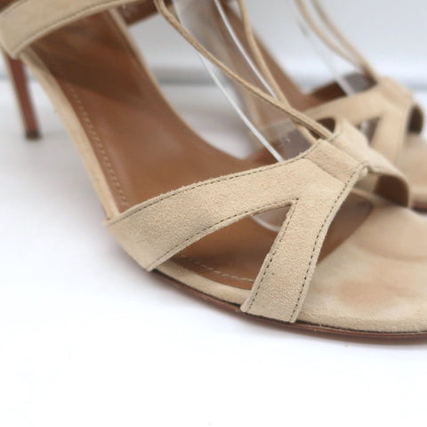 Aquazzura Beverly Hills Lace-Up Sandals Nude Suede Size 39 Open Toe Heels