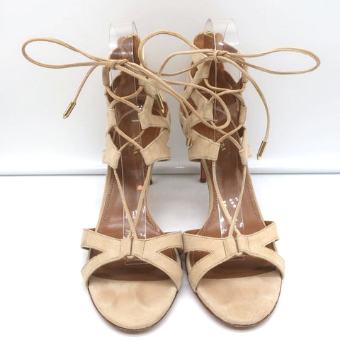 Aquazzura Beverly Hills Lace-Up Sandals Nude Suede Size 39 Open Toe Heels