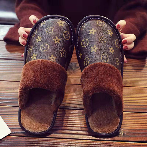 Winter home furnishing plush thick-soled warm couple leather slippers