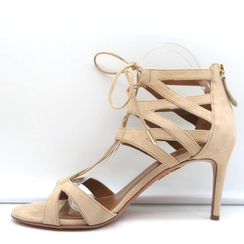 Aquazzura Beverly Hills Lace-Up Sandals Nude Suede Size 39 Open Toe Heels