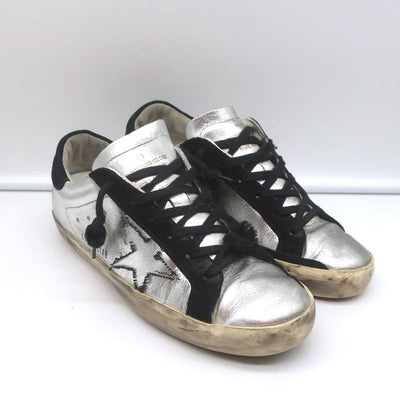 Golden Goose Superstar Embroidered Sneakers Silver Metallic Leather Size 37