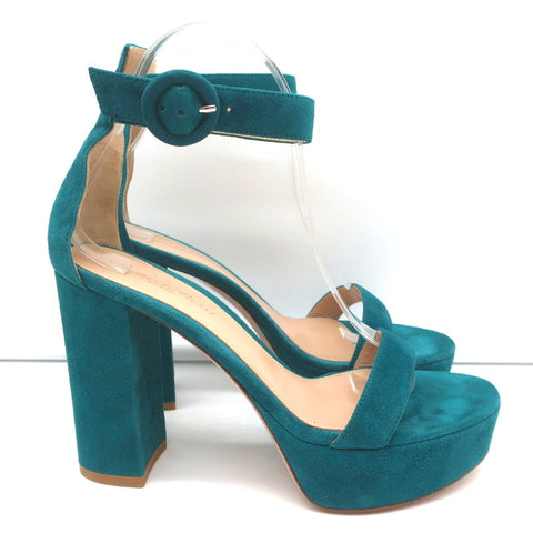 Gianvito Rossi Portofino Platform Sandals Teal Suede Size 36.5 Ankle Strap Heels