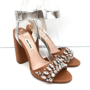 Crystal-Embellished Two Tone Sandals Brown & Silver Leather Size 36