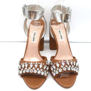 Crystal-Embellished Two Tone Sandals Brown & Silver Leather Size 36