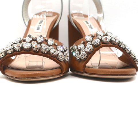 Crystal-Embellished Two Tone Sandals Brown & Silver Leather Size 36