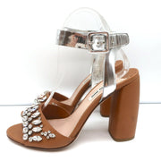 Crystal-Embellished Two Tone Sandals Brown & Silver Leather Size 36