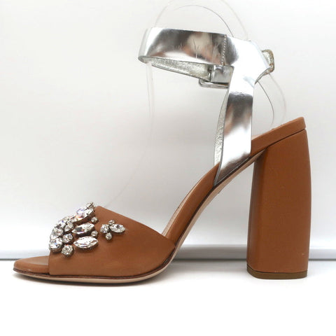 Crystal-Embellished Two Tone Sandals Brown & Silver Leather Size 36