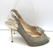 Jimmy Choo Nova Slingback Sandals Gold Glitter Lame Size 36.5 Peep Toe Platform