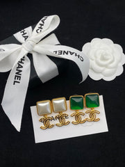 Green and white gem earrings