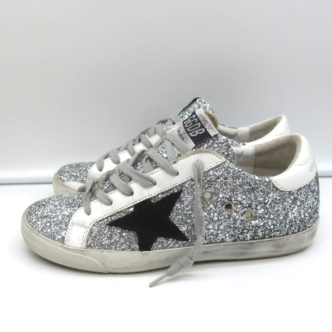 Golden Goose Superstar Glitter Low Top Sneakers Silver with Black Star Size 37