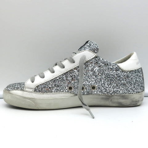 Golden Goose Superstar Glitter Low Top Sneakers Silver with Black Star Size 37