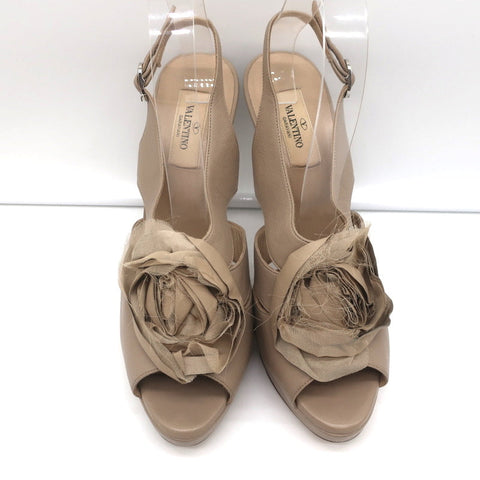 Valentino Flower Platform Slingback Sandals Taupe Leather Size 39.5 NEW