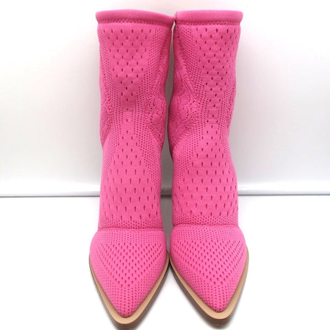 Fendi FFrame Jacquard Mesh Knit Ankle Boots Pink Size 36 Pointed Toe Heel