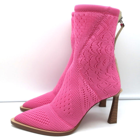 Fendi FFrame Jacquard Mesh Knit Ankle Boots Pink Size 36 Pointed Toe Heel