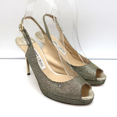 Jimmy Choo Nova Slingback Sandals Gold Glitter Lame Size 36.5 Peep Toe Platform