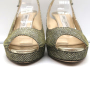 Jimmy Choo Nova Slingback Sandals Gold Glitter Lame Size 36.5 Peep Toe Platform