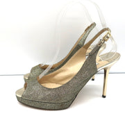 Jimmy Choo Nova Slingback Sandals Gold Glitter Lame Size 36.5 Peep Toe Platform