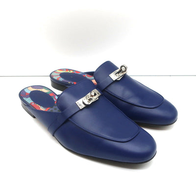 Hermes Oz Kelly Mules Bleu Maritime Leather Palladium Hardware Size 39