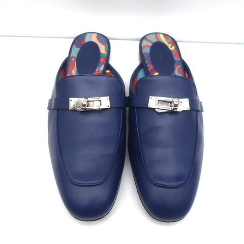 Hermes Oz Kelly Mules Bleu Maritime Leather Palladium Hardware Size 39