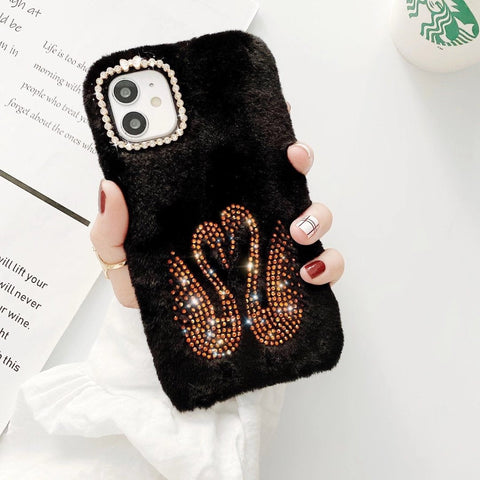 Rhinestone swan Plush phone case