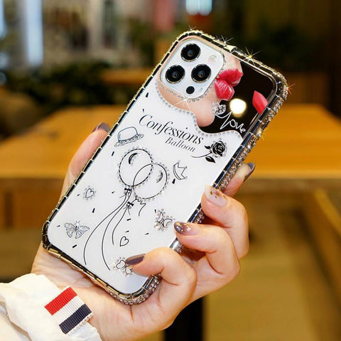 Two-in-one phone case with rhinestone frame and mirror