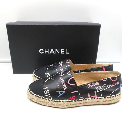 19B CC Cap Toe Espadrille Flats Black/Multicolor Printed Leather Size 37