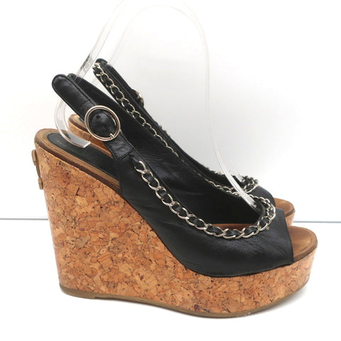 Chain-Trim Slingback Cork Platform Wedge Sandals Black Leather Size 37.5