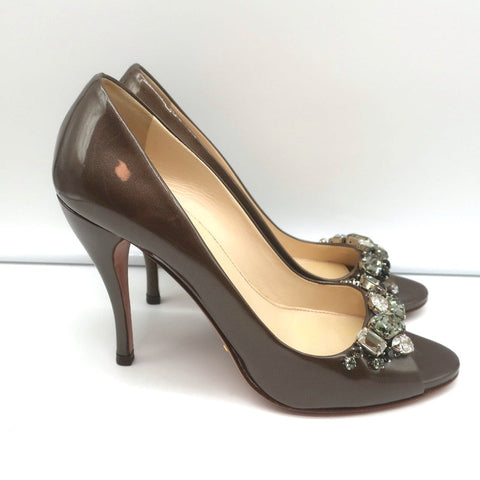 Prada Crystal-Embellished Peep Toe Pumps Brown Metallic Patent Leather Size 36.5