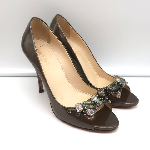 Prada Crystal-Embellished Peep Toe Pumps Brown Metallic Patent Leather Size 36.5