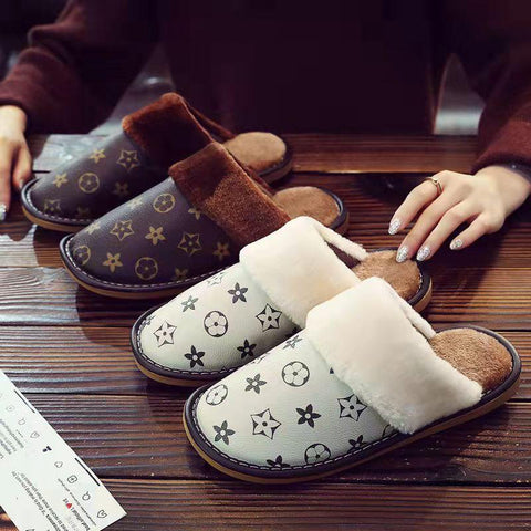 Winter home furnishing plush thick-soled warm couple leather slippers