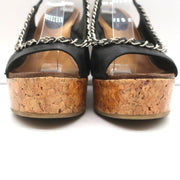 Chain-Trim Slingback Cork Platform Wedge Sandals Black Leather Size 37.5