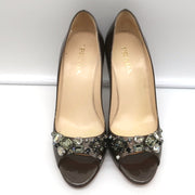 Prada Crystal-Embellished Peep Toe Pumps Brown Metallic Patent Leather Size 36.5