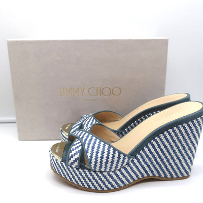 Jimmy Choo Perfume Crisscross Platform Wedge Sandals Blue Woven Raffia Size 37