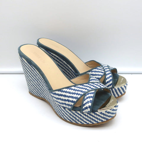 Jimmy Choo Perfume Crisscross Platform Wedge Sandals Blue Woven Raffia Size 37