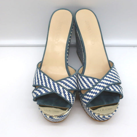 Jimmy Choo Perfume Crisscross Platform Wedge Sandals Blue Woven Raffia Size 37