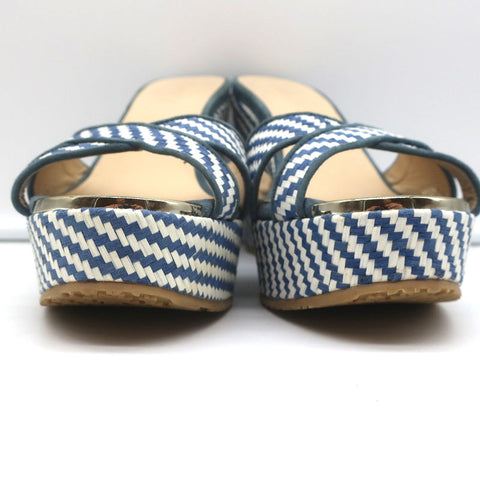 Jimmy Choo Perfume Crisscross Platform Wedge Sandals Blue Woven Raffia Size 37