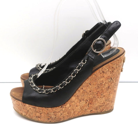 Chain-Trim Slingback Cork Platform Wedge Sandals Black Leather Size 37.5