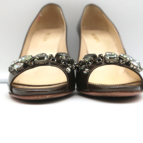 Prada Crystal-Embellished Peep Toe Pumps Brown Metallic Patent Leather Size 36.5