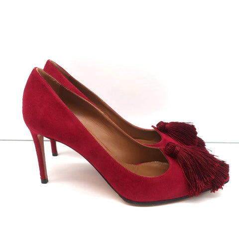 Aquazzura Love Tassel Pumps Red Suede Size 36.5 Pointed Toe Heels