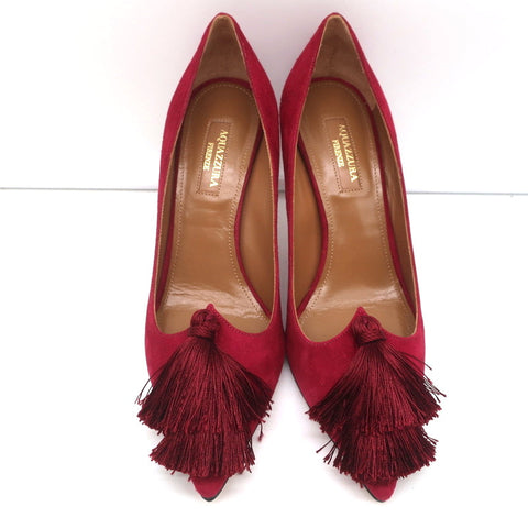 Aquazzura Love Tassel Pumps Red Suede Size 36.5 Pointed Toe Heels