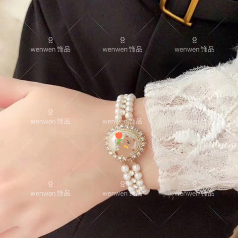 Diamond-encrusted double-layer pearl bracelet