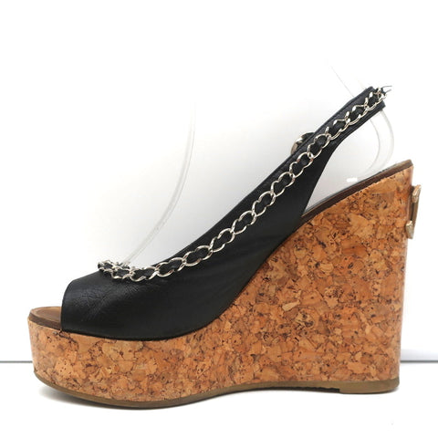 Chain-Trim Slingback Cork Platform Wedge Sandals Black Leather Size 37.5