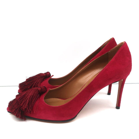 Aquazzura Love Tassel Pumps Red Suede Size 36.5 Pointed Toe Heels