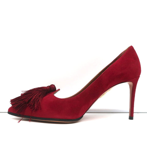 Aquazzura Love Tassel Pumps Red Suede Size 36.5 Pointed Toe Heels