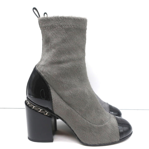 16B Chain-Trim Cap Toe Ankle Boots Gray Calf Hair & Black Patent Size 37