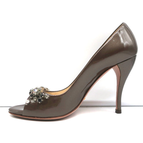 Prada Crystal-Embellished Peep Toe Pumps Brown Metallic Patent Leather Size 36.5