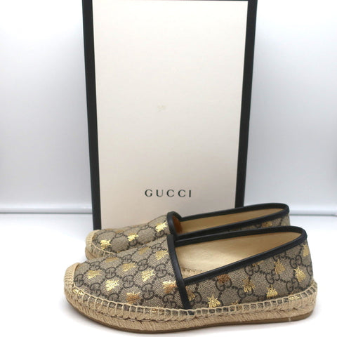 Gucci Pilar Espadrille Flats Beige/Gold Bee Print GG Supreme Canvas Size 36.5