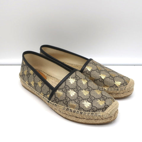 Gucci Pilar Espadrille Flats Beige/Gold Bee Print GG Supreme Canvas Size 36.5